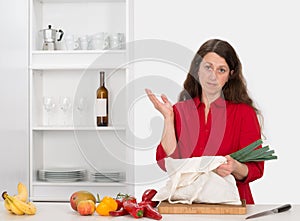 Woman in the kitchen with her food shopping