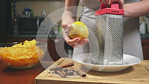 Woman in the kitchen making a pumpkin pie. 4k, slow-motion shooting. dolly shot