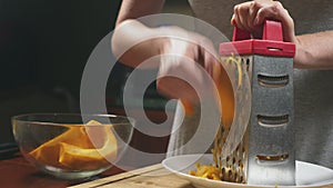 Woman in the kitchen making a pumpkin pie. 4k, slow-motion shooting. dolly shot