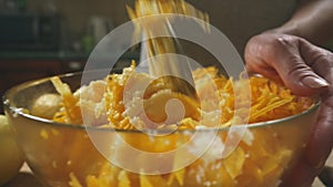 Woman in the kitchen making a pumpkin pie. 4k, slow-motion shooting. dolly shot