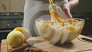 Woman in the kitchen making a pumpkin pie. 4k, slow-motion shooting. dolly shot