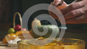 Woman in the kitchen making a pumpkin pie. 4k, slow-motion shooting. dolly shot