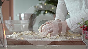 Woman kneading dough made of flour, sugar, butter and eggs - preparation for baking Christmas cookies