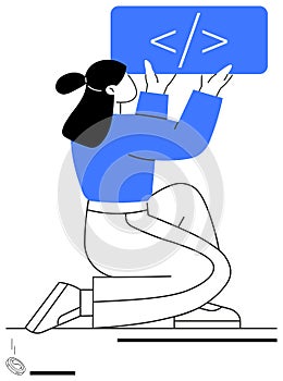 Developer holding coding screen while kneeling, representing programming and innovation