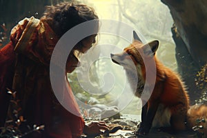 A woman is kneeling down next to a red fox in a close encounter in nature