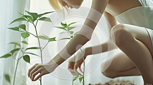 A woman is kneeling down and tending to a plant