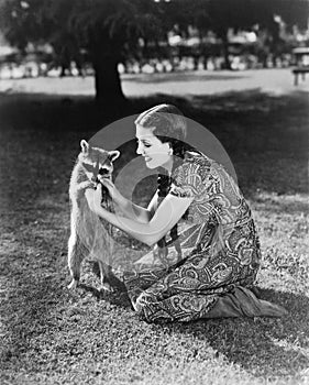 Woman kneeling on the lawn playing with a tame raccoon photo