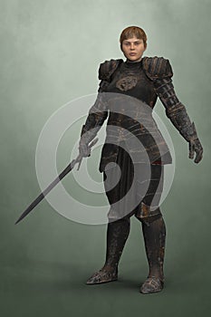 Woman knight wearing a suit of old armor