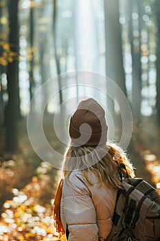 Woman with knit hat and backpack hiking in autumn woodland