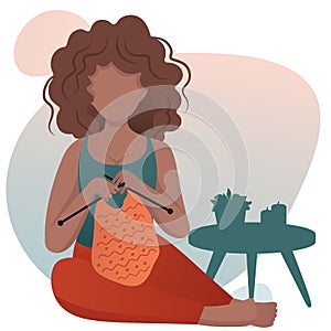 Woman knits at home. Hobby time. Cozy home. Vector cute flat cartoon illustration.  Handmade concept