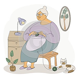 The woman knits with knitting needles and threads. A lady is sitting in a room with a cat. Modern trendy one line style. Solid out