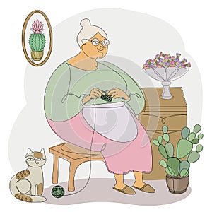 The woman knits with knitting needles and threads. A lady is sitting in a room with a cat. Modern trendy one line style. Solid out