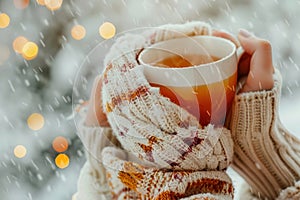 Woman in knitted mittens drinking hot tea on snowy background with lights.