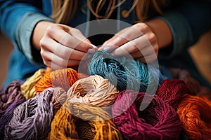 A woman is knitting a skein of yarn