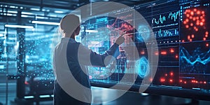 a woman in a lab coat points at a large screen displaying complex data graphs and charts