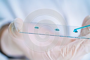 Woman in a laboratory microscope with microscope slide in hand.