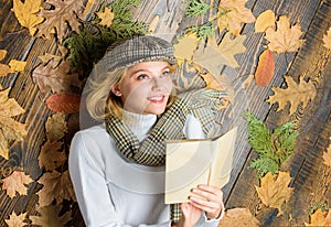 Woman lady in checkered hat and scarf read book. Girl in vintage outfit enjoy literature. What to read in autumn book