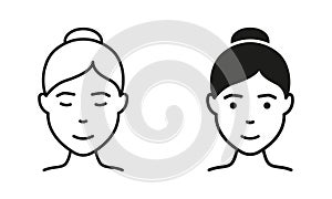 Woman, Lady Line and Silhouette Black Icon Set. Girl with Beauty Face and Hairstyle Pictogram. Female Avatar for User