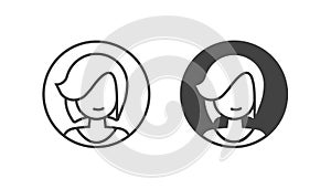 Woman lady user account icon front circle vector, girl female profile line outline art black white simple pictogram graphic