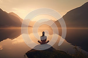 Woman lake meditation nature. Generate Ai