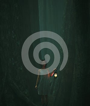 Woman with lantern walking in to the heart of the forest