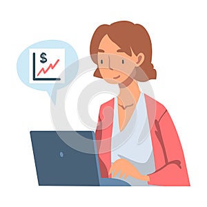 Woman at Laptop Analyzing Financial Profit Growth and Evaluating Revenue and Expense Vector Illustration