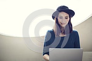 Woman Laptop Browsing Searching Social Networking Technology Con