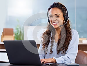 Woman, laptop and call center agent with smile for customer service, crm and help or support. Sales representative, tech