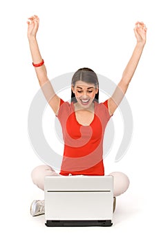 Woman with Laptop Cheering