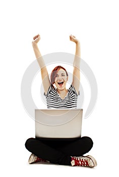 Woman with Laptop Cheering