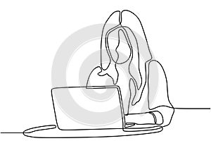 Woman with laptop continuous one line drawing. Vector of a girl sits at a computer