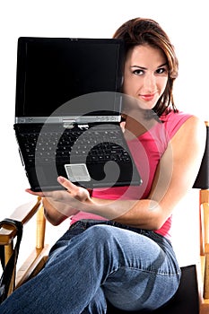 Woman With Laptop In Directors Chair photo