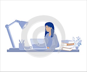 Woman with laptop, education or working concept. Table with books, lamp, coffee cup.