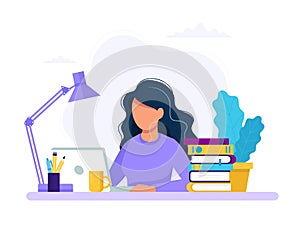 Woman with laptop, education or working concept. Table with books, lamp, coffee cup. Vector illustration in flat style