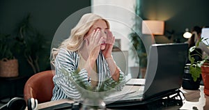 Woman, laptop and frustrated with problem in office for career, virtual assistant with email. Female consultant, mistake