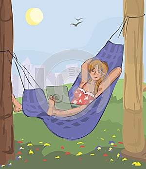 Woman with laptop in hammock outdoors
