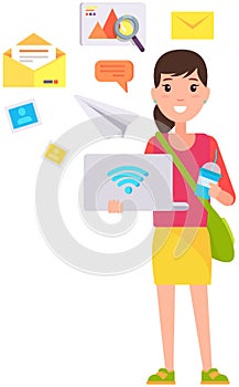 Woman with laptop and internet, wifi. email icons. Working with digital mind map technology