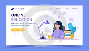 Woman with laptop landing page, education or working concept. Table with books, lamp, coffee cup. Vector illustration in