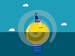 woman with laptop on light bulb. Invent and discover new knowledge. vector