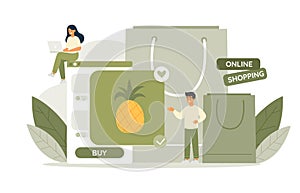 Woman with laptop online shopping. Man choosing vegetables on website. Online payment concept