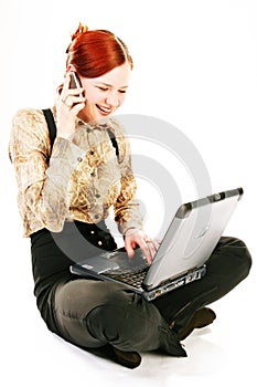 Woman with laptop and receiver