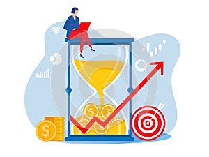 Woman with laptop on sandglass, working hours, Time management hourglass.flat vector illustration
