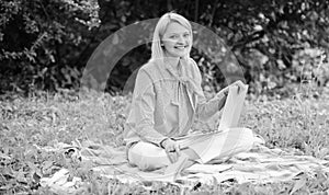 Woman with laptop sit on rug grass meadow. Steps to start freelance business. Business lady freelance work outdoors