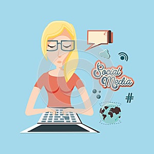 Woman with laptop social media icons