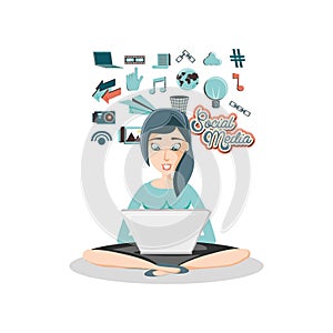 Woman with laptop social media icons