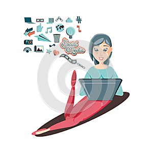 Woman with laptop social media icons