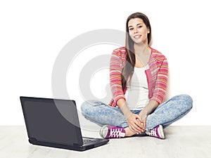 Woman and Laptop, Student Girl with Notebook Computer Sitting on