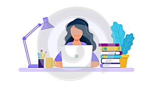 Woman with laptop, studying or working concept. Table with books, lamp, coffee cup. Vector illustration in flat style