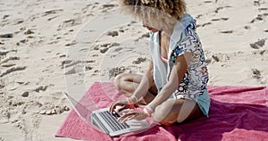 Woman With Laptop On The Summer Beach