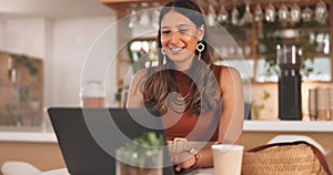 Woman, laptop and typing in coffee shop, smile and remote work for copywriting, woman and morning. Computer, person and